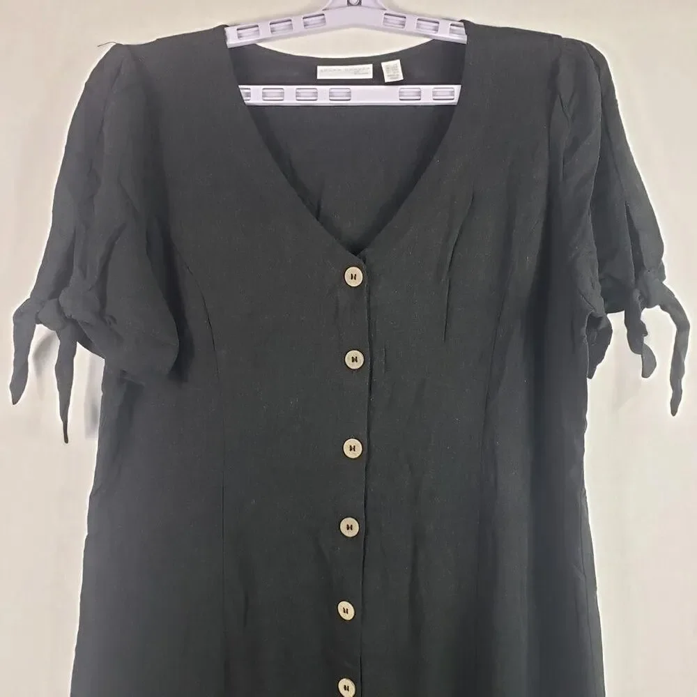 Susan Graver Pure Dress Womens Petite Large Black Linen Blend Tie Sleeve Midi - Picture 4 of 11